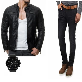 Outfit mit Schwarz Jacke mit Seitlichem Reißverschluss/Motorradjacke/KunstLederjacke/Bikerjacke Redbridge "Date Style Herren"
