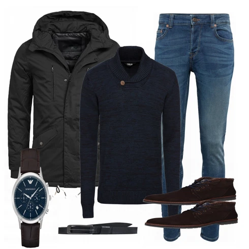 Schwarz Winterjacke Indicode Jeans kombinieren mit Blau Gürtel Jack & Jones