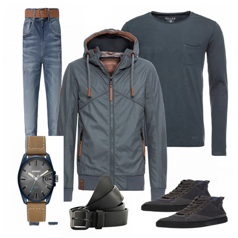 Schwarz/Blau Sweatshirt Blend kombinieren mit Blau Gürtel Diesel