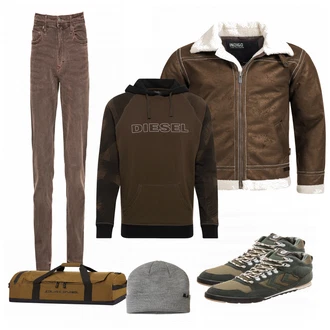 Outfit mit Braun Sportrucksack Dakine "Diesel"