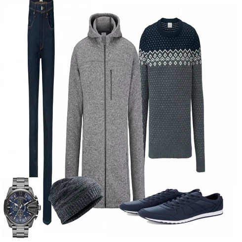 Blau Strickjacke Tchibo kombinieren mit Grau Uhr Diesel