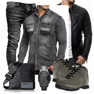 Outfit mit Schwarz Jacke mit Seitlichem Reißverschluss/Motorradjacke/KunstLederjacke/Bikerjacke Redbridge "DIESEL"