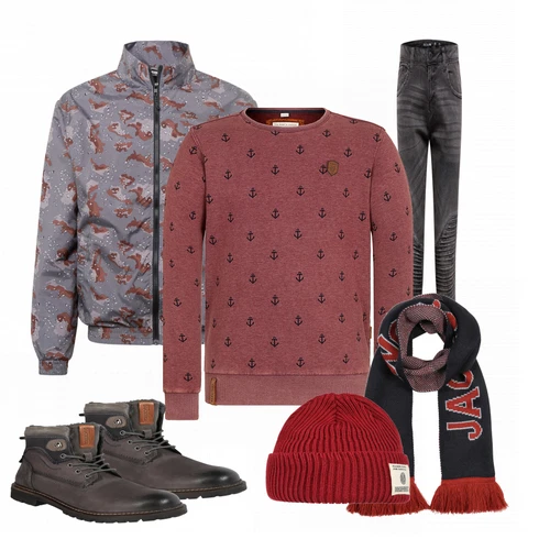 Rot Schal Jack & Jones kombinieren mit Grau Sommerjacke Urban Classics