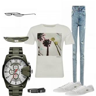 Outfit mit Grau/Weiß Sneaker Lacoste "Emirate"
