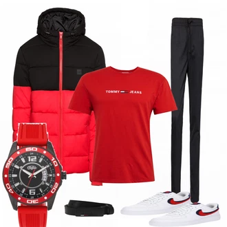 Outfit mit Rot Winterjacke Urban Classics "Emiro"