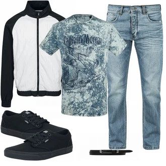 Outfit mit Schwarz Sneaker Vans "EMP Blue"