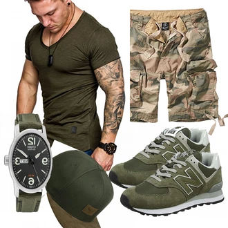Outfit mit Grün/Braun Schuh Brandit, Grün Schuh New Balance "Erik"