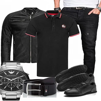 Outfit mit Schwarz/Rot Vintage Lederjacke/Motorradjacke/Jacke mit Seitlichem Reißverschluss/Bikerjacke/KunstLederjacke Redbridge "Freizeit Kleidung"
