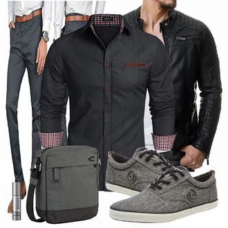 Echtleder Outfit mit Schwarz Jacke mit Seitlichem Reißverschluss/Motorradjacke/KunstLederjacke/Bikerjacke Redbridge "Freizeit Kleidung"