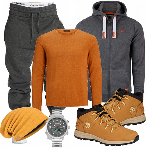Grau Schuh/Wasserdichter Stiefel kombinieren mit Grau Hose Riverso, Orange Hose/Hut HISSHE