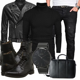 Outfit mit Schwarz/Dunkelrot/Grau Jacke mit Seitlichem Reißverschluss/Motorradjacke/KunstLederjacke/Bikerjacke Redbridge "Freizeit Outfit"