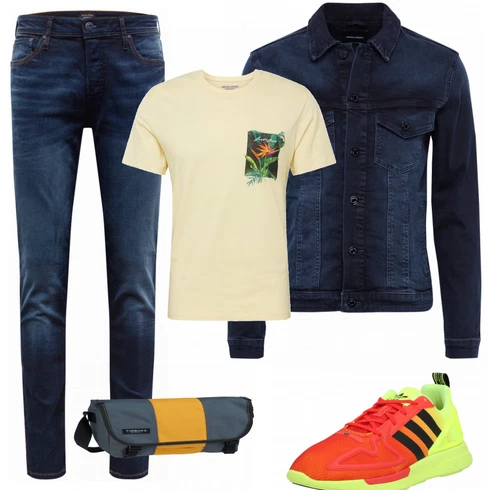 Rot Sportschuh Adidas Originals kombinieren mit Rosa/Beige/Blau T-Shirt Jack & Jones