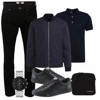 Outfit mit Schwarz/Weiß Jeans Tommy Hilfiger "Freizeit Outfit"