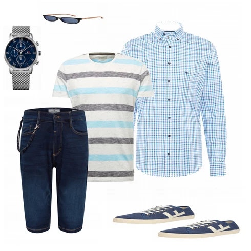 Blau Sonnenbrille kombinieren mit Schwarz Hemd Tom Tailor