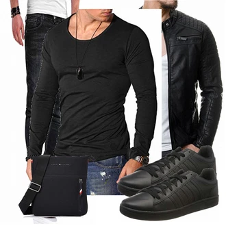 Outfit mit Schwarz Jacke mit Seitlichem Reißverschluss/Motorradjacke/KunstLederjacke/Bikerjacke Redbridge "Freizeit Outfit"