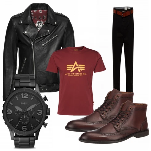 Rot Große Größe Alpha Industries kombinieren mit Schwarz Uhr Fossil
