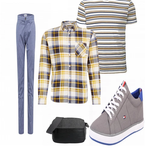 Grau Schuh Sneaker Tommy Hilfiger kombinieren mit Blau Hose Tom Tailor
