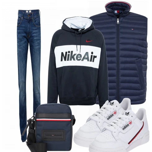 Blau Hose Große Größe Tommy Hilfiger kombinieren mit Grau Schuh Sneaker Adidas Originals