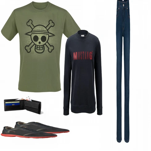 Grau T-Shirt One Piece kombinieren mit Blau Hoodie Sweatshirt Tchibo