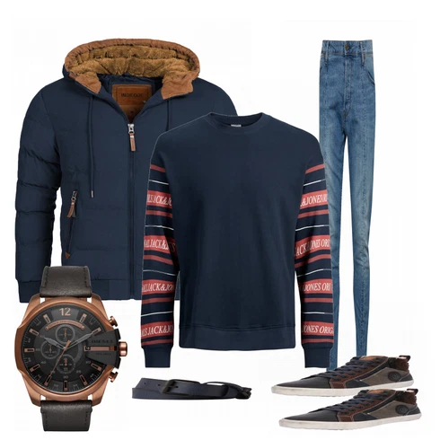 Schwarz Winterjacke Indicode Jeans kombinieren mit Gürtel