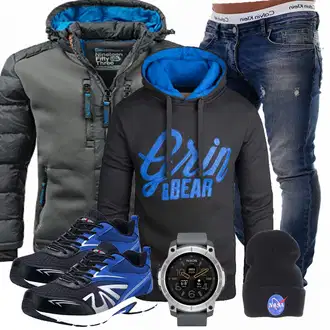 Hochzeitsgast Outfits Elegant mit Grau/Dunkelblau/Dunkelgrau/Blau/Dunkelgrün Skijacke/Thermojacke/Kunstfaserjacke/Außergewöhnliche Jacke/Trachtenstrickjacke/Hybridjacke/Outdoorjacke/Puffer Jacke/Kapuzenjacke/Isolationsjacke/Winterjacke Geographical Norway "GrinBear"Look: Elegant, Rap, Uni, Workwear, Outdoor