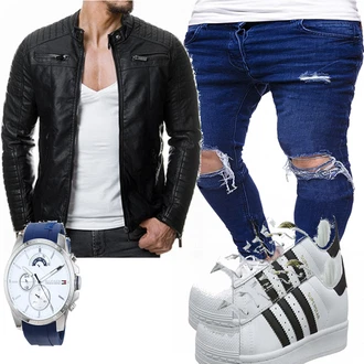 Echtleder Outfit mit Schwarz Jacke mit Seitlichem Reißverschluss/Motorradjacke/KunstLederjacke/Bikerjacke Redbridge "HERREN STYLE"