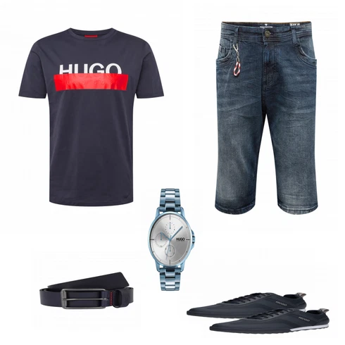 Grau Uhr Hugo kombinieren mit Blau Gürtel Hugo