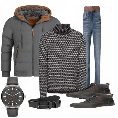 Grau Winterjacke Indicode Jeans kombinieren mit Gürtel
