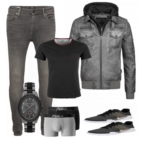 Grau Lederjacke Indicode Jeans kombinieren