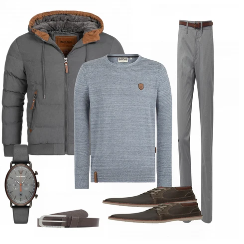 Grau Winterjacke Indicode Jeans kombinieren mit Grau Gürtel Jack & Jones