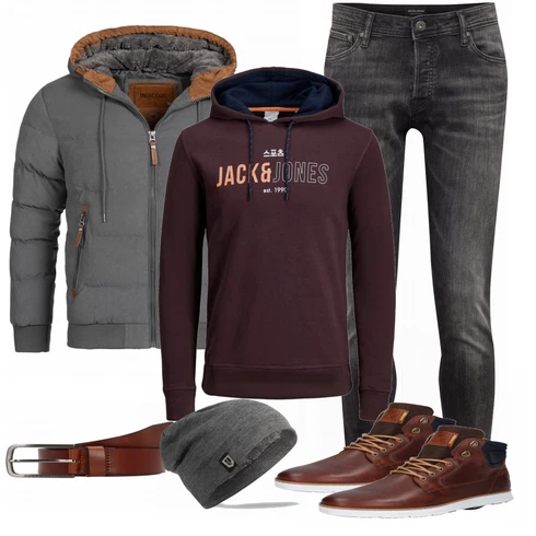 Grau Winterjacke Indicode Jeans kombinieren mit Braun Gürtel Boss