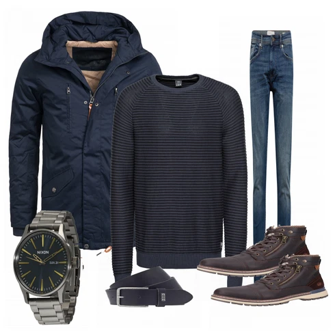Schwarz Winterjacke Indicode Jeans kombinieren mit Gürtel