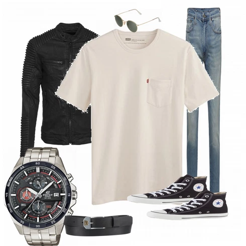 Schwarz Uhr Casio kombinieren mit Blau Sommer Schuh Converse