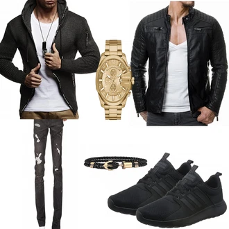 Outfit mit Schwarz Jacke mit Seitlichem Reißverschluss/Motorradjacke/KunstLederjacke/Bikerjacke Redbridge "Kojaky"