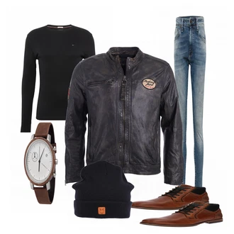 Outfit mit Schwarz Lederjacke Mustang "Lederjacke"