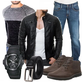 Outfit mit Schwarz Jacke mit Seitlichem Reißverschluss/Motorradjacke/KunstLederjacke/Bikerjacke Redbridge "Lederjacke"