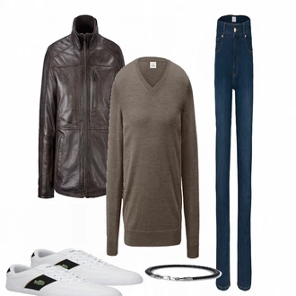 Outfit mit Grau Strickjacke Tchibo "Lederjacke"