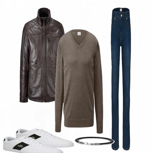 Grau Sneaker/Leder Sneaker Lacoste kombinieren mit Blau Lederjacke Tchibo