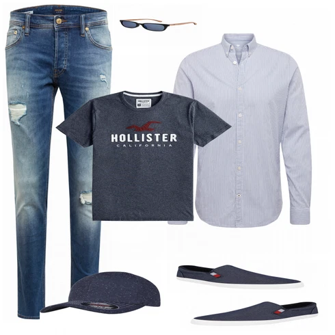 Blau T-Shirt Hollister kombinieren mit Blau Sonnenbrille