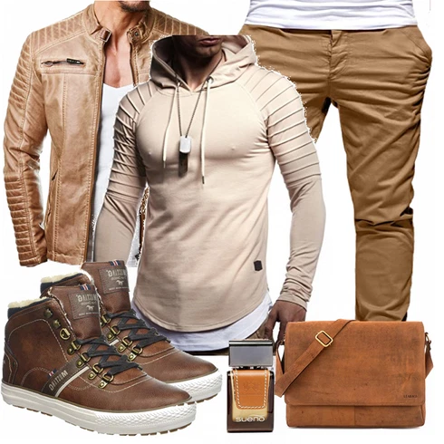 Schick Khaki/Beige Wickel Pullover/Strick Hoodie/Sport Sweatshirt/Pullover mit Stehkragen/Ausgefallener Hoodie/Sport Hoodie/Kapuzenpullover Leif Nelson kombinierenLook: Leger, Schick, Moderne, Goa, Coole, Empire, Outdoor, Schön, Techno