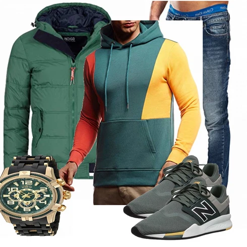 Türkis Winter Parka/Regenjacke Indicode Jeans kombinieren mit Grau Schuh Sneaker New Balance