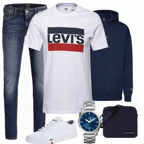 Schwarz Hose Jack & Jones kombinieren mit Weiß Schuh Sneaker Tommy Hilfiger