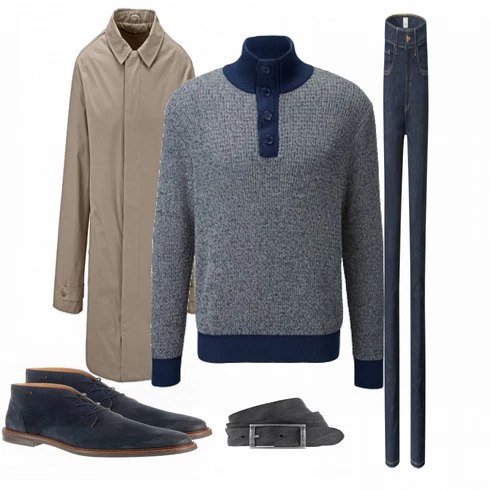 Grau Strickjacke Tchibo kombinieren mit Blau Hose Tchibo