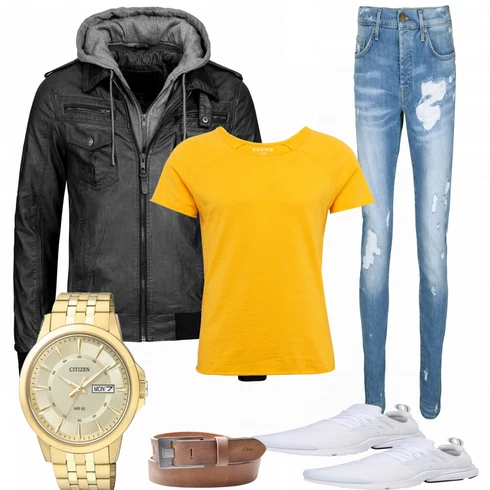 Sneaker kombinieren mit Schwarz Lederjacke Indicode Jeans