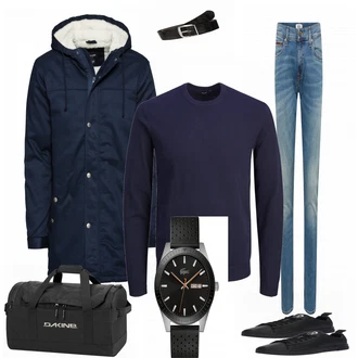 Outfit mit Schwarz Reisetasche Dakine "Miles"
