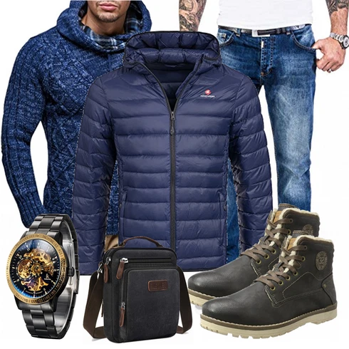 Elegant Dunkelblau/Blau Strick Hoodie Leif Nelson kombinierenLook: Casual, Classic, Coole, Elegant, Moderne, Chill, Premium, Stil, Business, Dad, Maritim, Outdoor