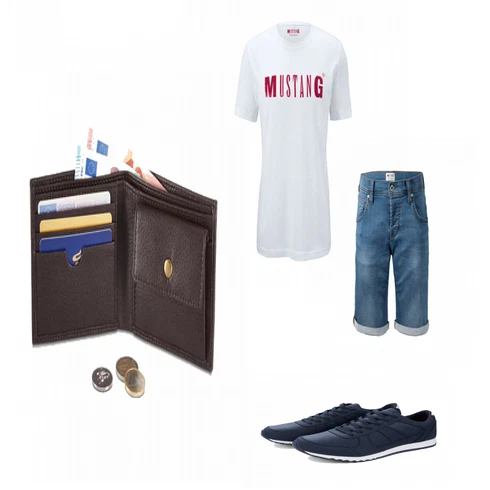 Blau Portemonnaie Tchibo kombinieren mit Weiß T-Shirt Tchibo
