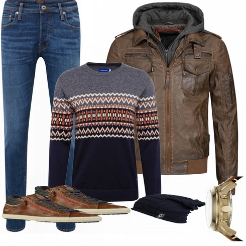 Blau Jeans Jack & Jones kombinieren mit Rot Lederjacke Indicode Jeans