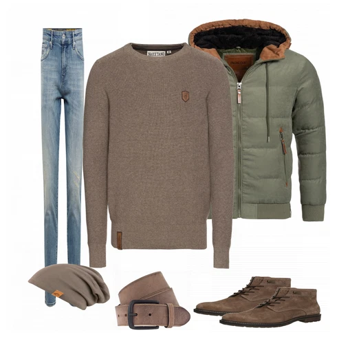 Grau Winterjacke Indicode Jeans kombinieren mit Braun Gürtel Vanzetti