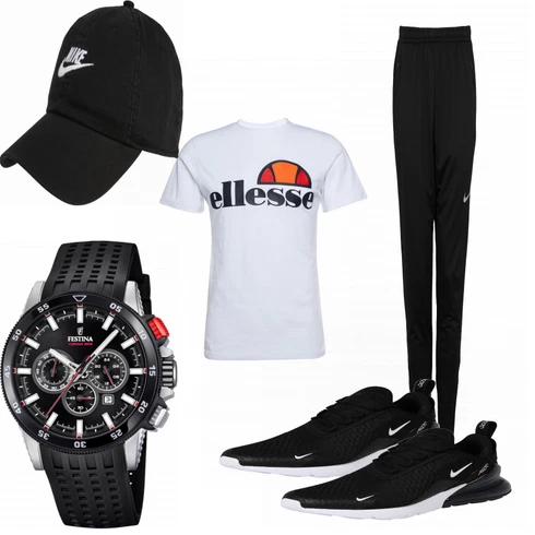Schwarz Sportschuh Nike Sportswear kombinieren mit Weiß T-Shirt Ellesse